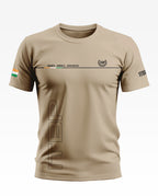 Beige ITBP men's t-shirt with Indian flag on sleeve, chest logo, and bold side text.