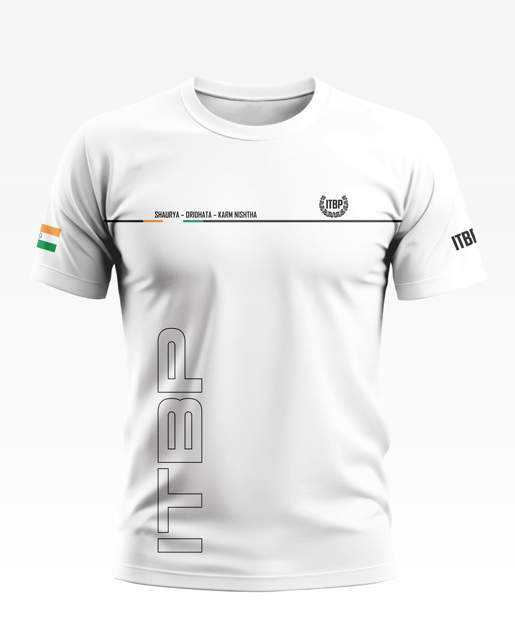White men's round neck t-shirt with ITBP text, Indian flag sleeve, and minimalist Army-inspired print