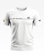 White men's round neck t-shirt with ITBP text, Indian flag sleeve, and minimalist Army-inspired print