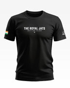 Black men's t-shirt with 'The Royal Jats Unity and Valour' text and Indian flag sleeve patch