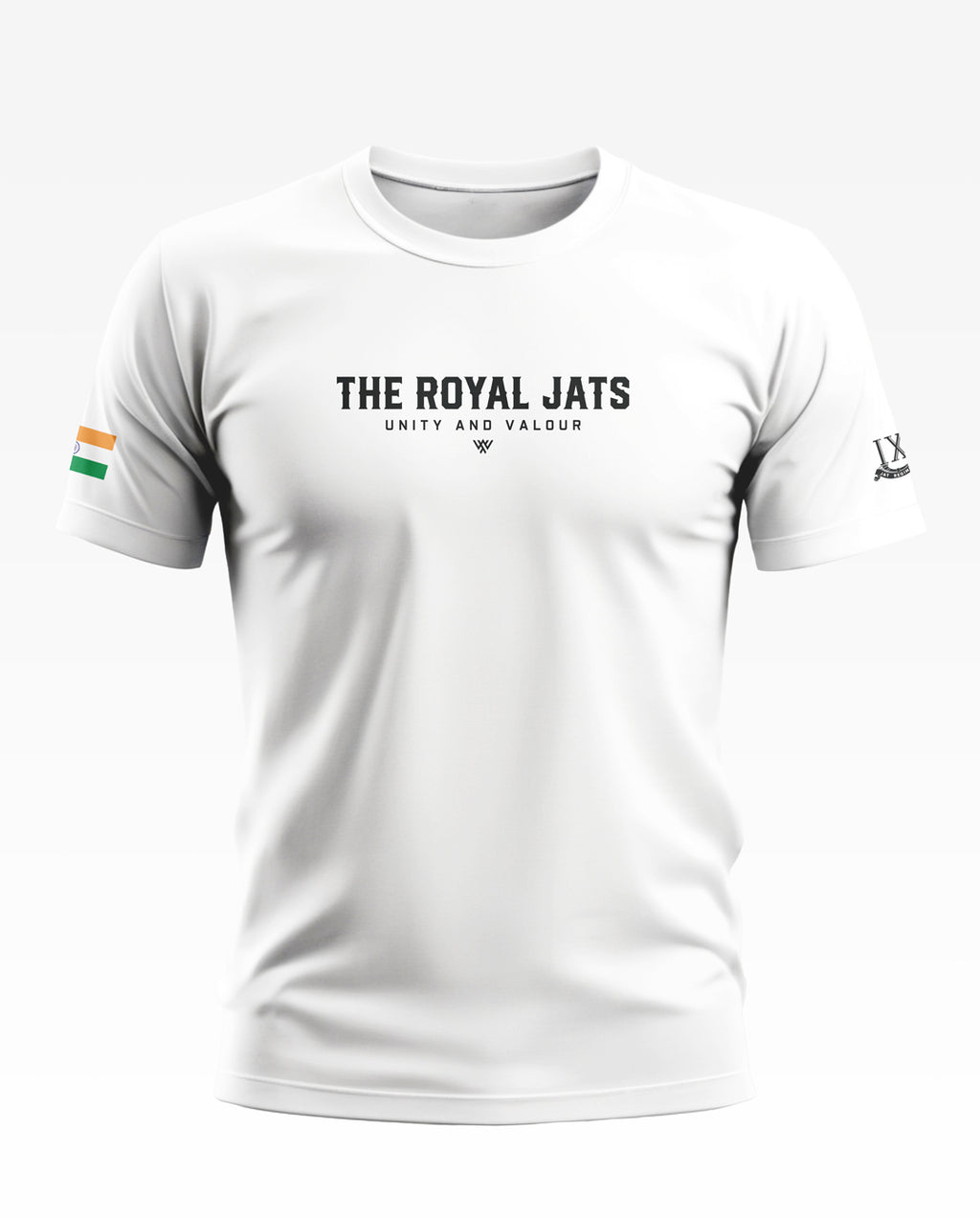 White men's t-shirt with 'The Royal Jats Unity and Valour' text, Indian flag sleeve print