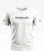 White men's t-shirt with 'The Royal Jats Unity and Valour' text, Indian flag sleeve print