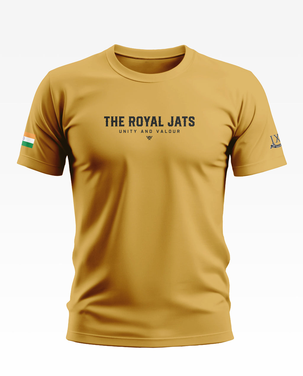 Yellow men's t-shirt with 'THE ROYAL JATS UNITY AND VALOUR' text and Indian flag sleeve print