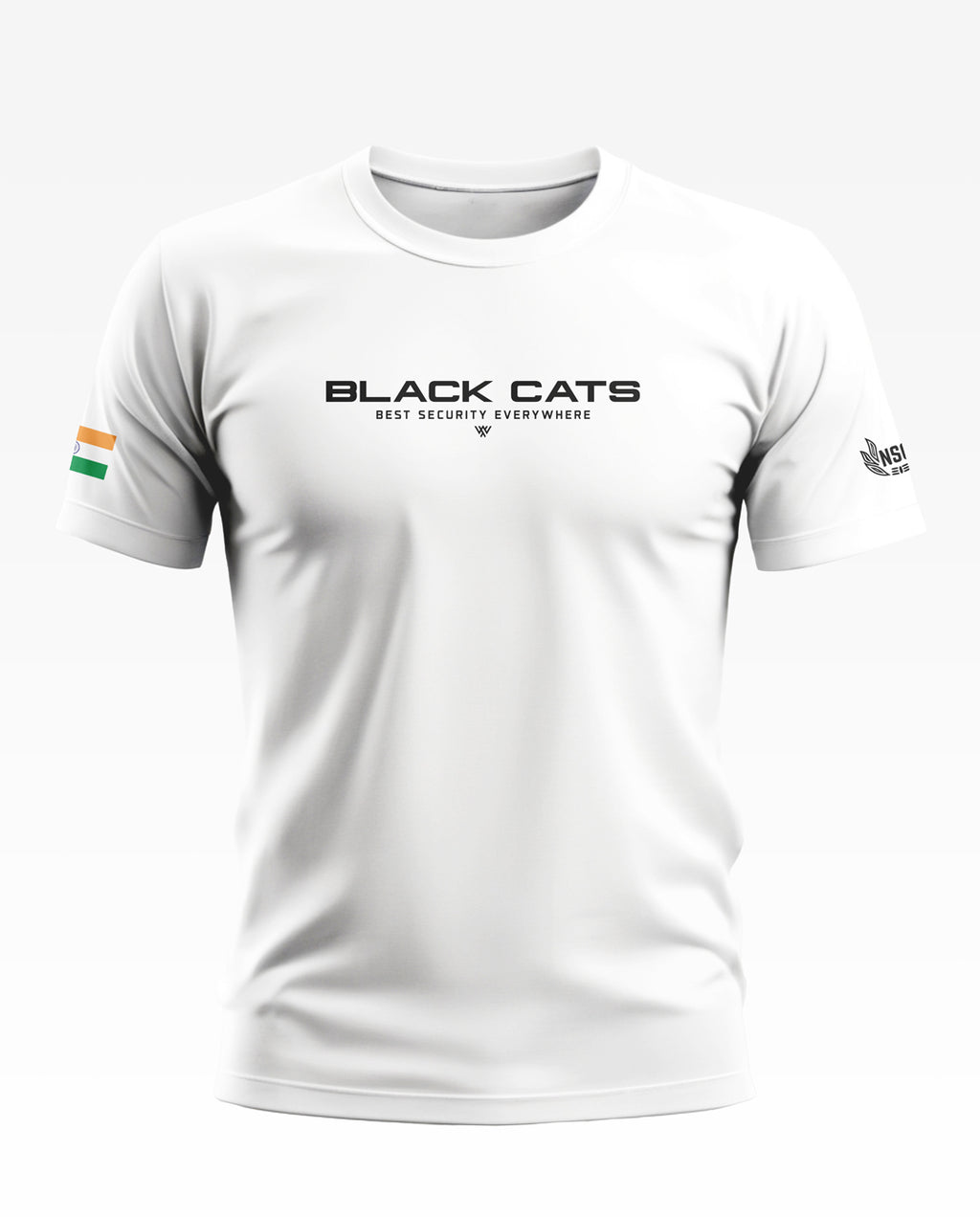 White men's t-shirt with 'BLACK CATS Best Security Everywhere' text, Indian flag on sleeve, army-inspired design