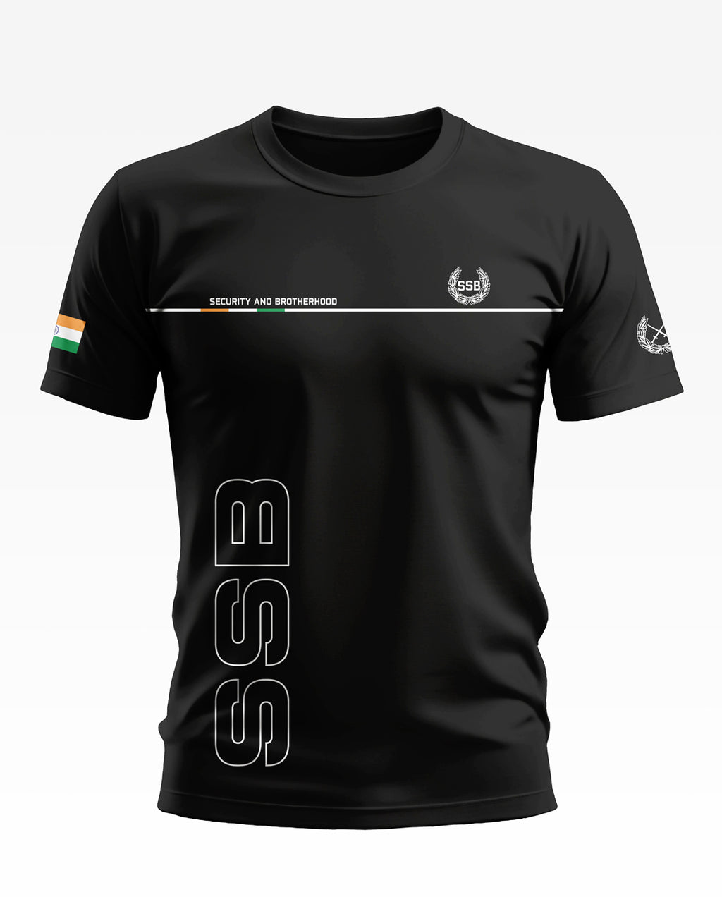 Black SSB t-shirt for men with 'Security and Brotherhood' text, Indian flag sleeve, army-style design