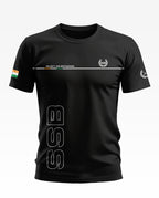 Black SSB t-shirt for men with 'Security and Brotherhood' text, Indian flag sleeve, army-style design