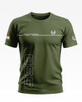 Olive green men's t-shirt with SSB text, security and brotherhood motif, and Indian flag sleeve patch