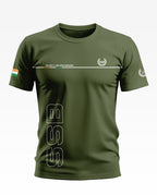 Olive green men's t-shirt with SSB text, security and brotherhood motif, and Indian flag sleeve patch