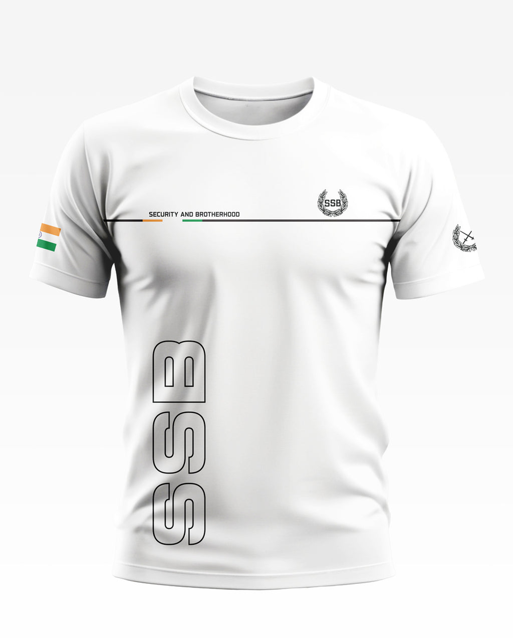 White men's t-shirt with SSB logo, 'Security and Brotherhood' text, and Indian flag on sleeve