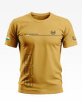 Yellow men's army-style t-shirt with SSB text, security and brotherhood graphic, and Indian flag sleeve print