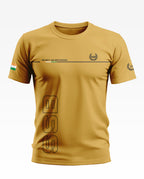 Yellow men's army-style t-shirt with SSB text, security and brotherhood graphic, and Indian flag sleeve print