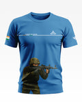 Blue men's t-shirt with army soldier graphic, Indian flag sleeve, courage and valour text