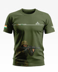 Olive green men's t-shirt with soldier graphic, Indian flag sleeve, and 'Courage and Valour' text