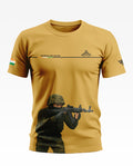 Yellow men's T-shirt featuring a soldier graphic, Indian flag patch, and 'Courage and Valour' text.