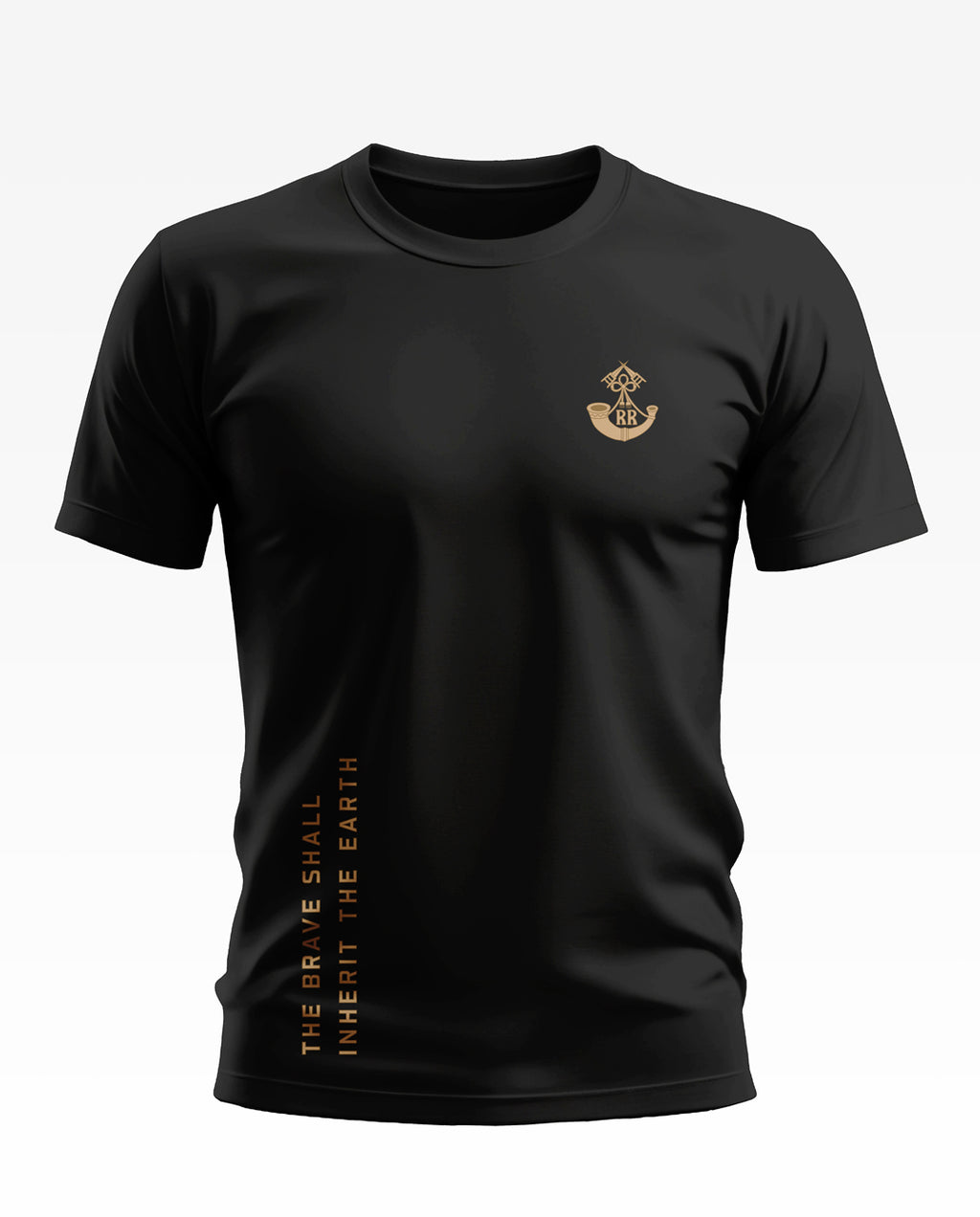 Black men's t-shirt with military-inspired crest and 'The Brave Shall Inherit The Earth' text print.
