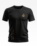 Black men's t-shirt with military-inspired crest and 'The Brave Shall Inherit The Earth' text print.