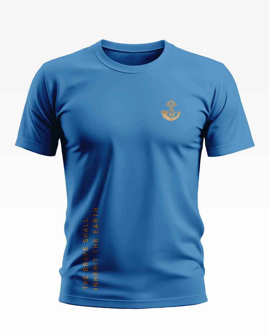 Blue men's T-shirt with gold emblem on chest and vertical text 'The Brave Shall Inherit The Earth'.