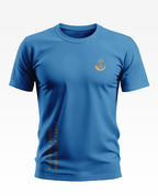 Blue men's T-shirt with gold emblem on chest and vertical text 'The Brave Shall Inherit The Earth'.
