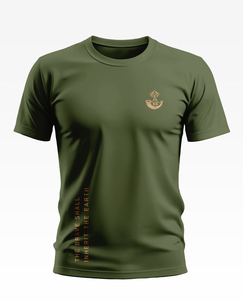 Olive green men's t-shirt with small chest emblem and vertical text saying 'The Brave Shall Inherit The Earth'.