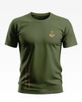 Olive green men's t-shirt with small chest emblem and vertical text saying 'The Brave Shall Inherit The Earth'.