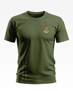 Olive green men's t-shirt with small chest emblem and vertical text saying 'The Brave Shall Inherit The Earth'.