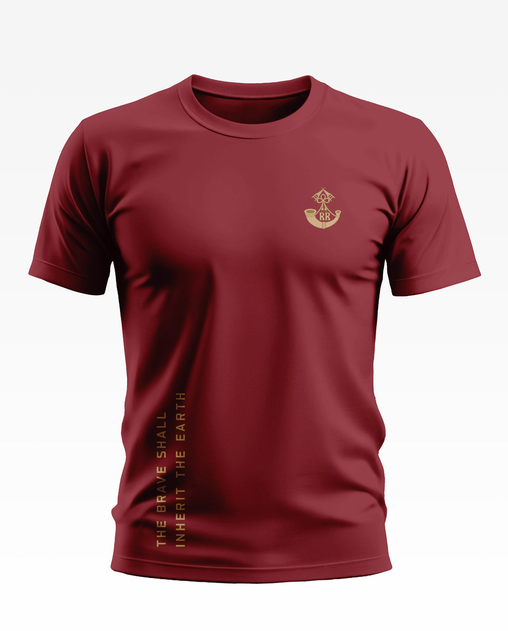 Maroon men's t-shirt with gold army-inspired crest and vertical text graphic