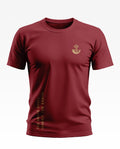 Maroon men's t-shirt with gold army-inspired crest and vertical text graphic