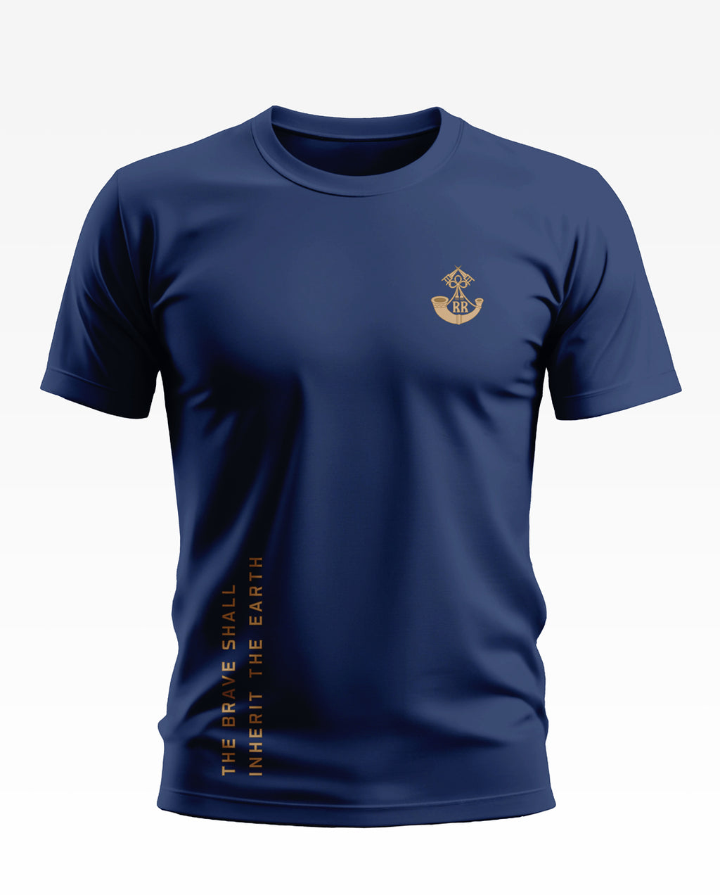 Navy blue men's t-shirt with army-inspired emblem and 'The Brave Shall Inherit The Earth' text.