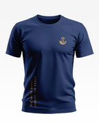 Navy blue men's t-shirt with army-inspired emblem and 'The Brave Shall Inherit The Earth' text.