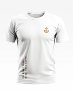 White men's t-shirt with military-inspired crest and 'The Brave Shall Inherit The Earth' text.