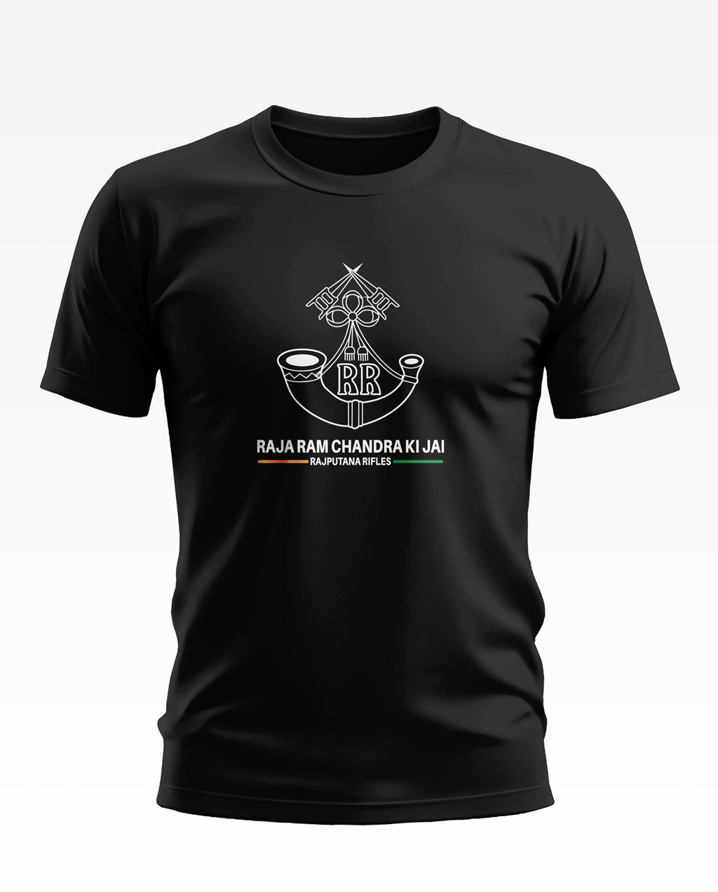 Black Rajputana Rifles t-shirt with white crest, 'Raja Ram Chandra Ki Jai' text, short sleeves
