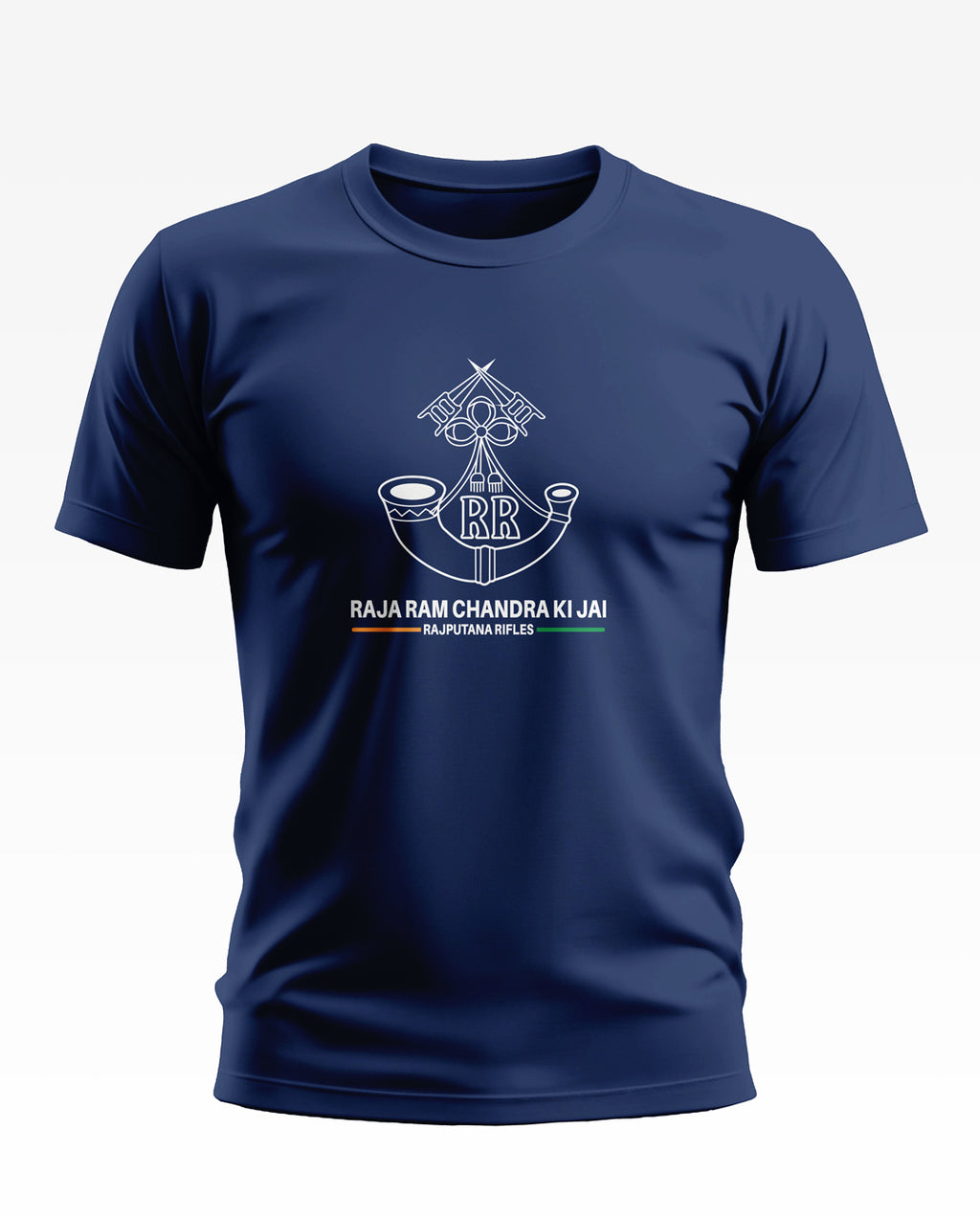 Navy blue men's t-shirt with Rajputana Rifles logo and 'Raja Ram Chandra Ki Jai' text