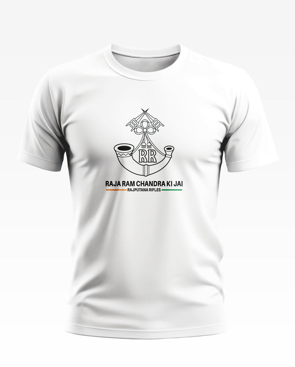 White men's t-shirt with Rajputana Rifles emblem and 'RAJA RAM CHANDRA KI JAI' text print