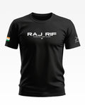 Black men's t-shirt with 'RAJ RIF' text, Indian flag on sleeve, army-inspired design.
