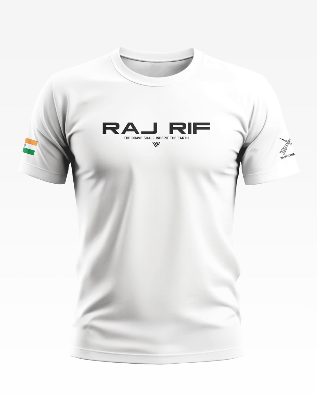 White men's t-shirt with 'RAJ RIF' text, Indian flag on sleeve, and regimental logo print.