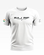 White men's t-shirt with 'RAJ RIF' text, Indian flag on sleeve, and regimental logo print.
