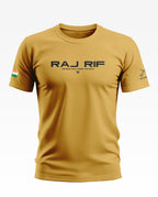 Yellow men's t-shirt with 'RAJ RIF' printed on front, Indian flag on sleeve, army style