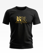 Black men's t-shirt with gold 'Rajputana Rifles' and RR print, army-inspired design