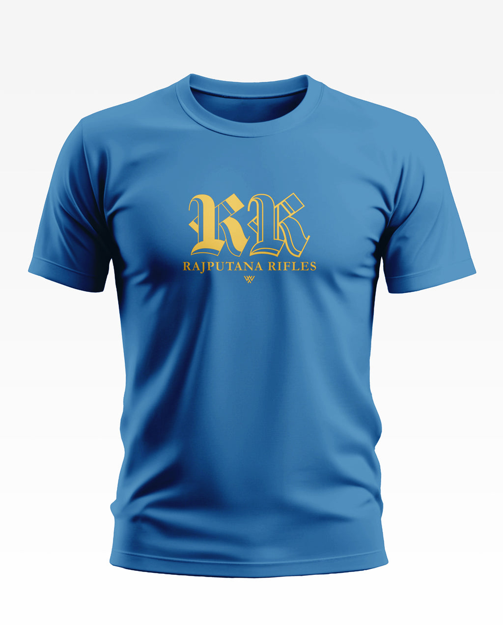 Blue men's t-shirt with yellow 'Rajputana Rifles' graphic and 'RR' lettering on chest
