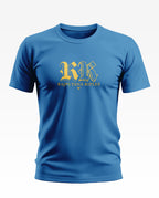 Blue men's t-shirt with yellow 'Rajputana Rifles' graphic and 'RR' lettering on chest