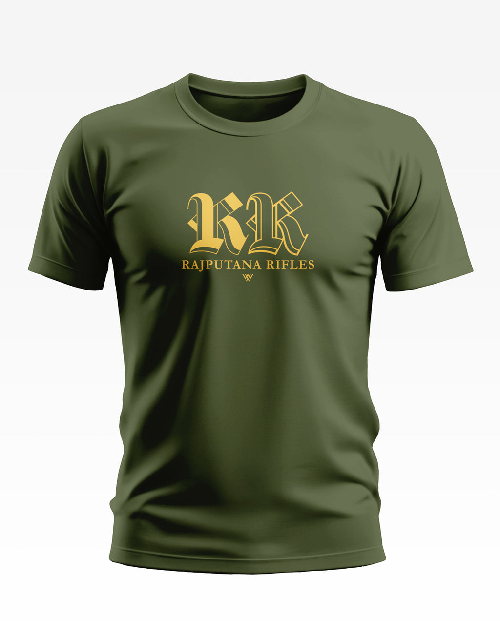 Olive green men's t-shirt with gold Rajputana Rifles logo on chest, short sleeves