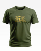 Olive green men's t-shirt with gold Rajputana Rifles logo on chest, short sleeves