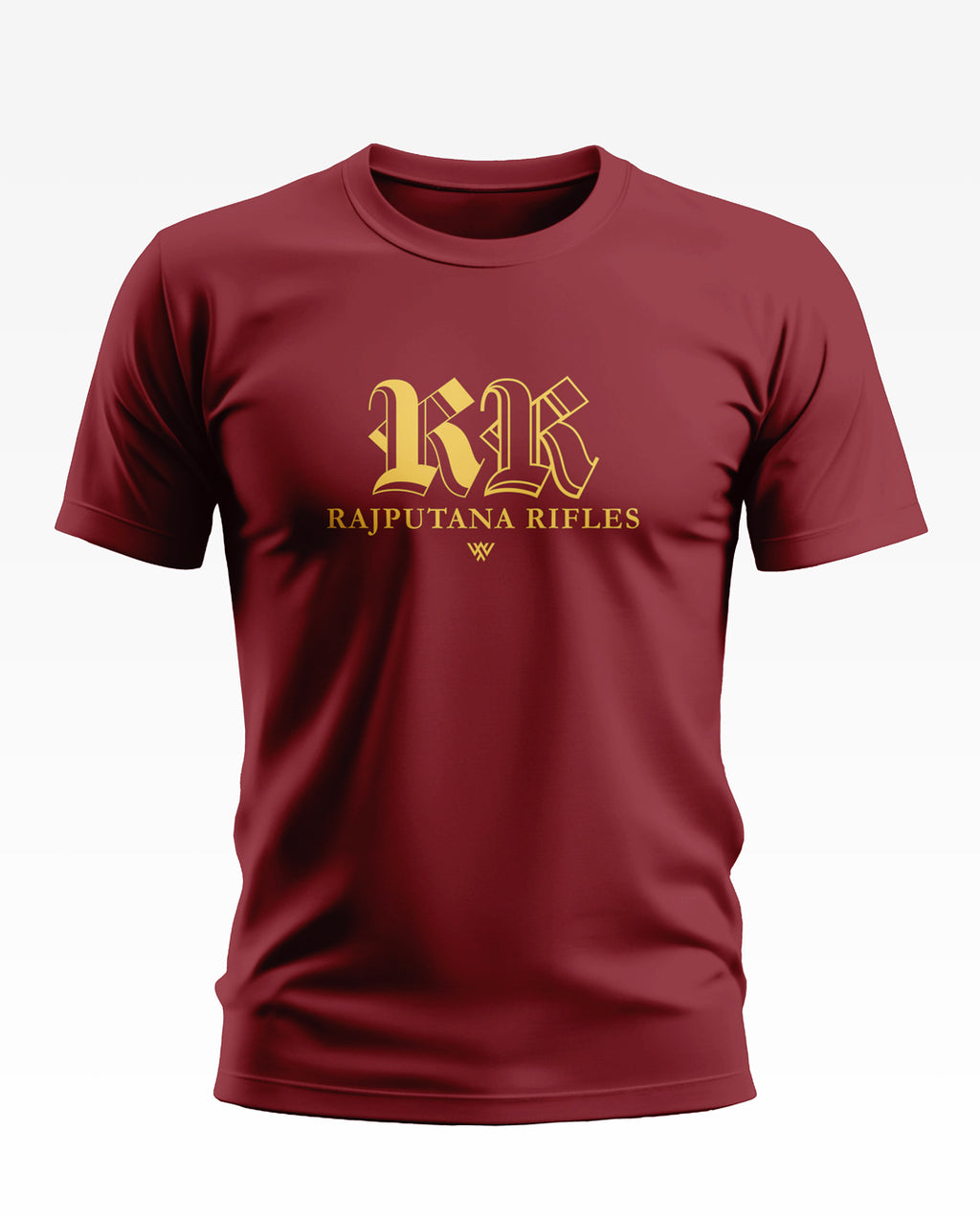 Maroon men's t-shirt with gold 'Rajputana Rifles' graphic and bold RR lettering