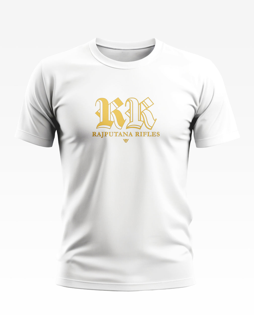White men's t-shirt with gold 'RR Rajputana Rifles' graphic on chest, army-inspired style