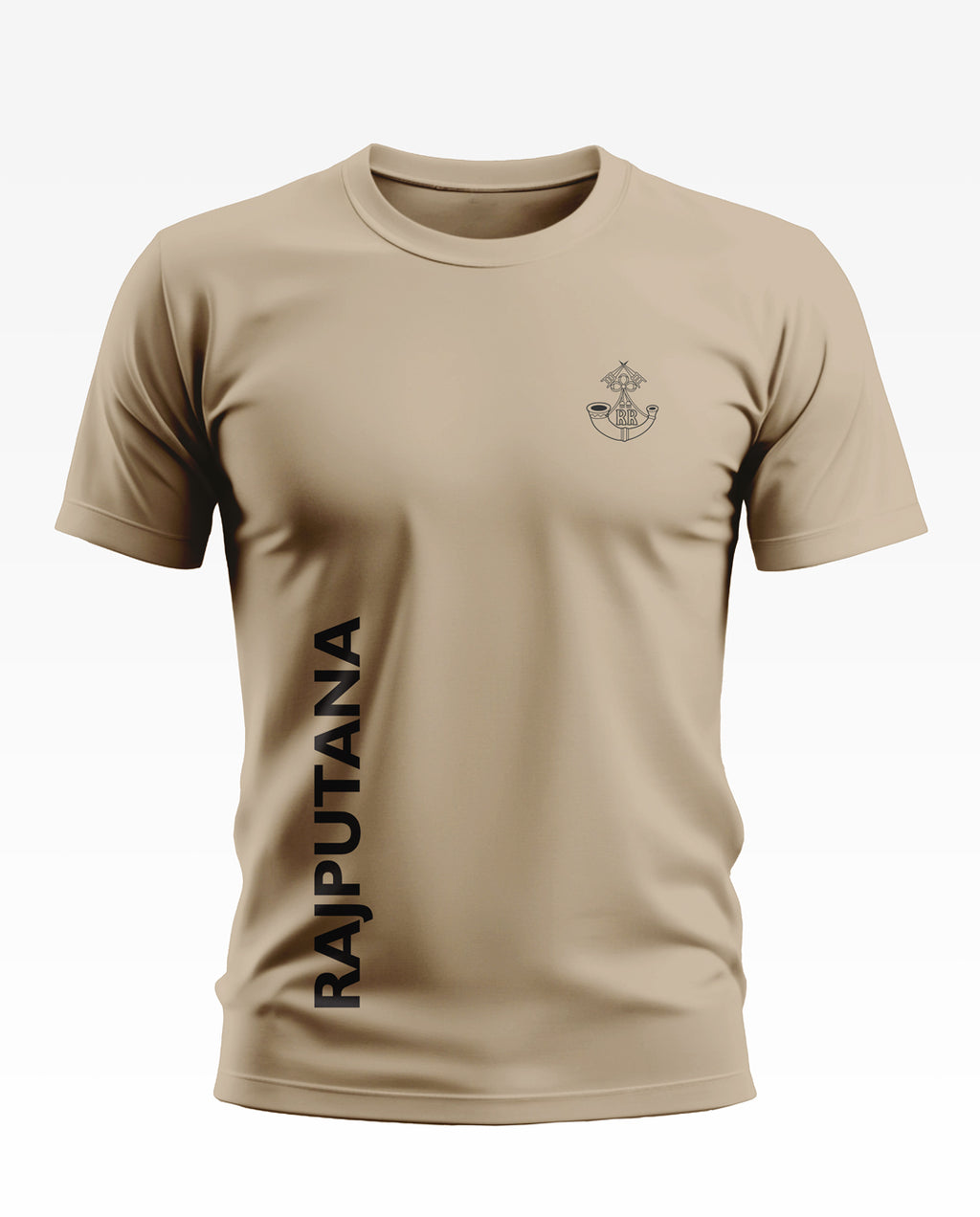 Beige men's t-shirt with Rajputana text and military-inspired chest emblem
