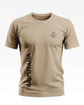 Beige men's t-shirt with Rajputana text and military-inspired chest emblem