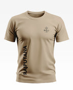 Beige men's t-shirt with Rajputana text and military-inspired chest emblem