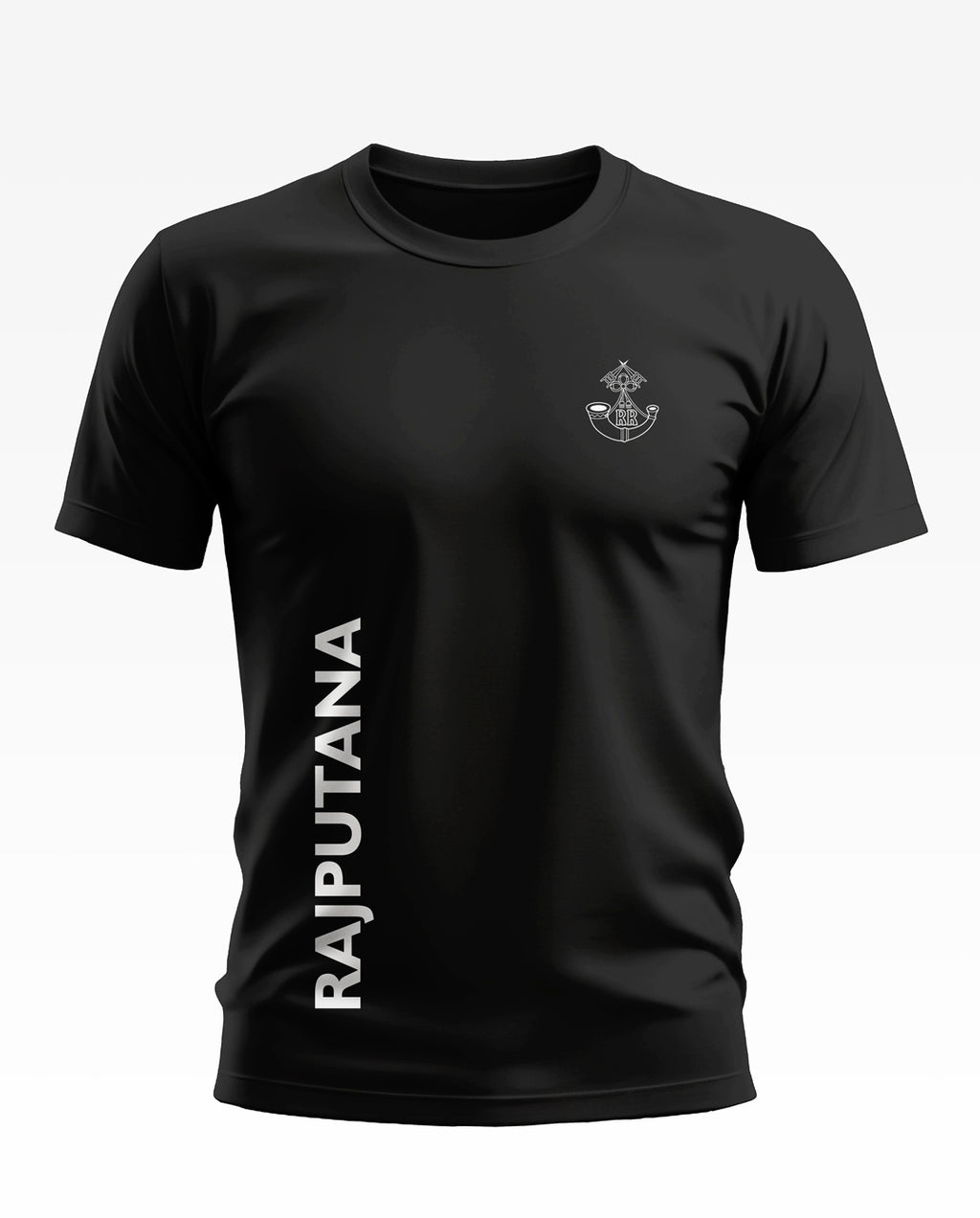 Black men's t-shirt with RAJPUTANA and army-inspired crest graphic, short sleeves