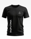 Black men's t-shirt with RAJPUTANA and army-inspired crest graphic, short sleeves