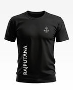 Black men's t-shirt with RAJPUTANA and army-inspired crest graphic, short sleeves
